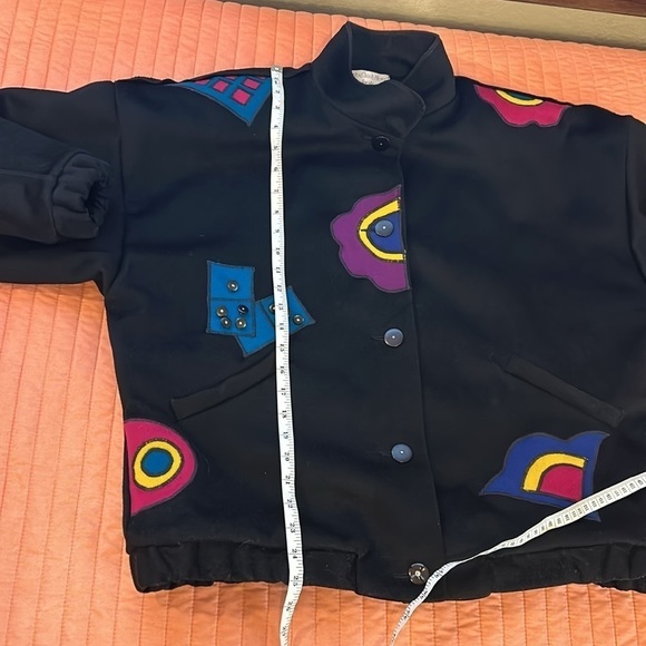 Marylou Ozbolt Storer 80’s Washed Wool Abstract Appliqué colorful jacket sz Med - Picture 11 of 15